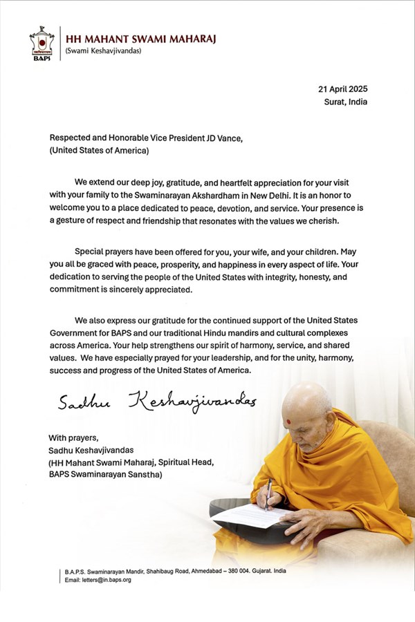 Letter from HH Mahant Swami Maharaj to US Vice President JD Vance
