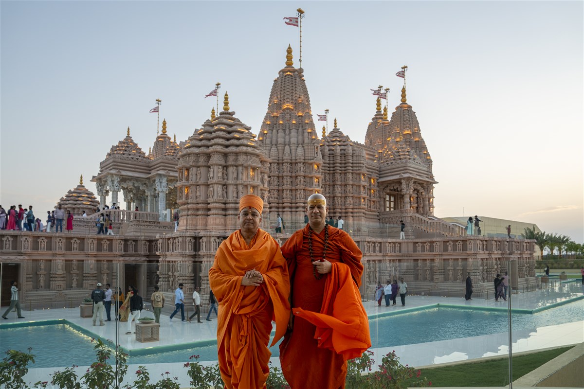 Swami Brahmaviharidas and Swami Kailashanand Giri Ji Maharaj at the BAPS Hindu Mandir, Abu Dhabi