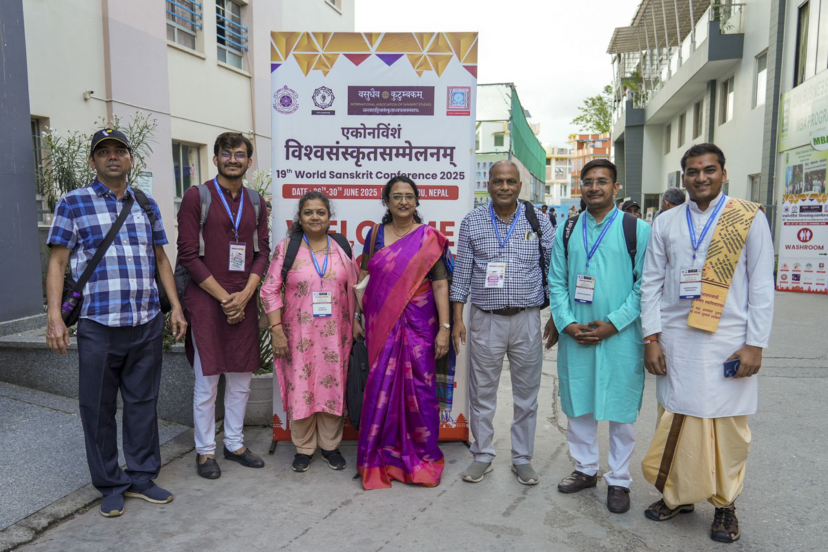 Scholars from BAPS Swaminarayan Sanskrit College, Sarangpur, alongside renowned Sanskrit scholars from across the globe