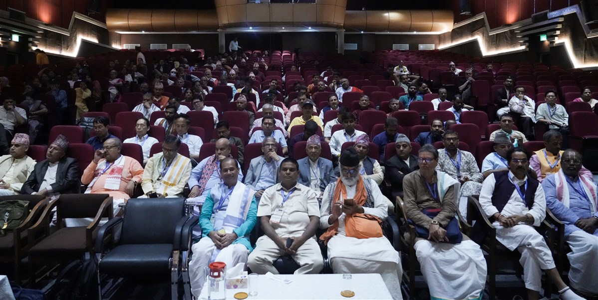 Renowned Sanskrit scholars from across the globe listen attentively during the special panel on Akshar Purushottam Darshan