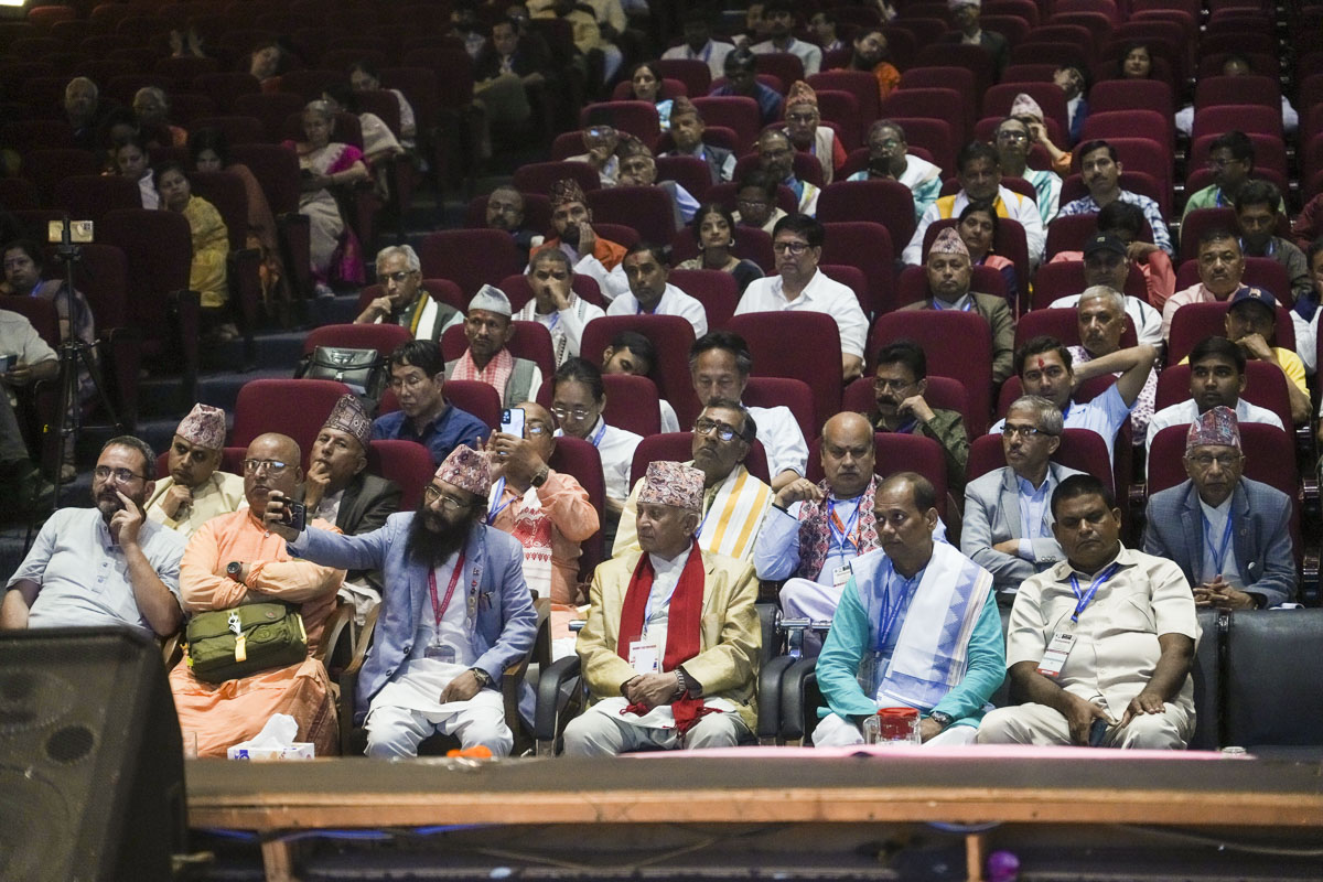 Renowned Sanskrit scholars from across the globe listen attentively during the special panel on Akshar Purushottam Darshan