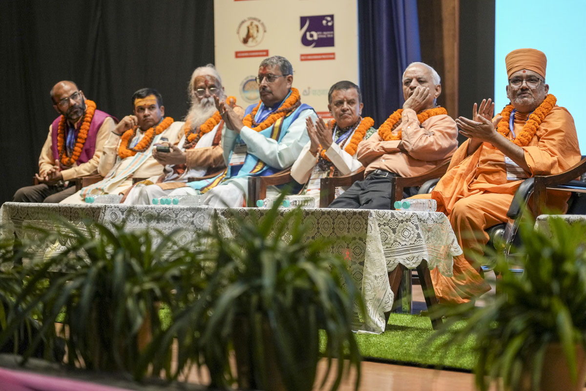 Renowned Sanskrit scholars from across the globe listen attentively during the special panel on Akshar Purushottam Darshan