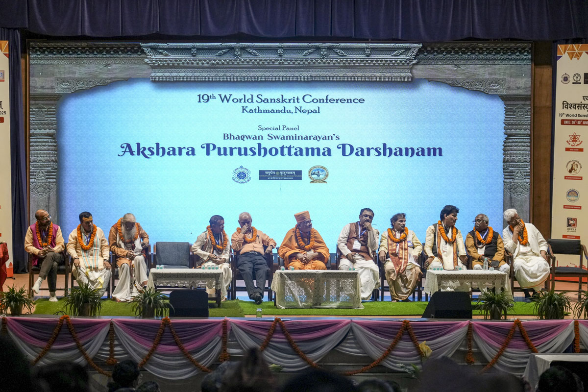 Renowned Sanskrit scholars from across the globe during the special panel on Akshar Purushottam Darshan