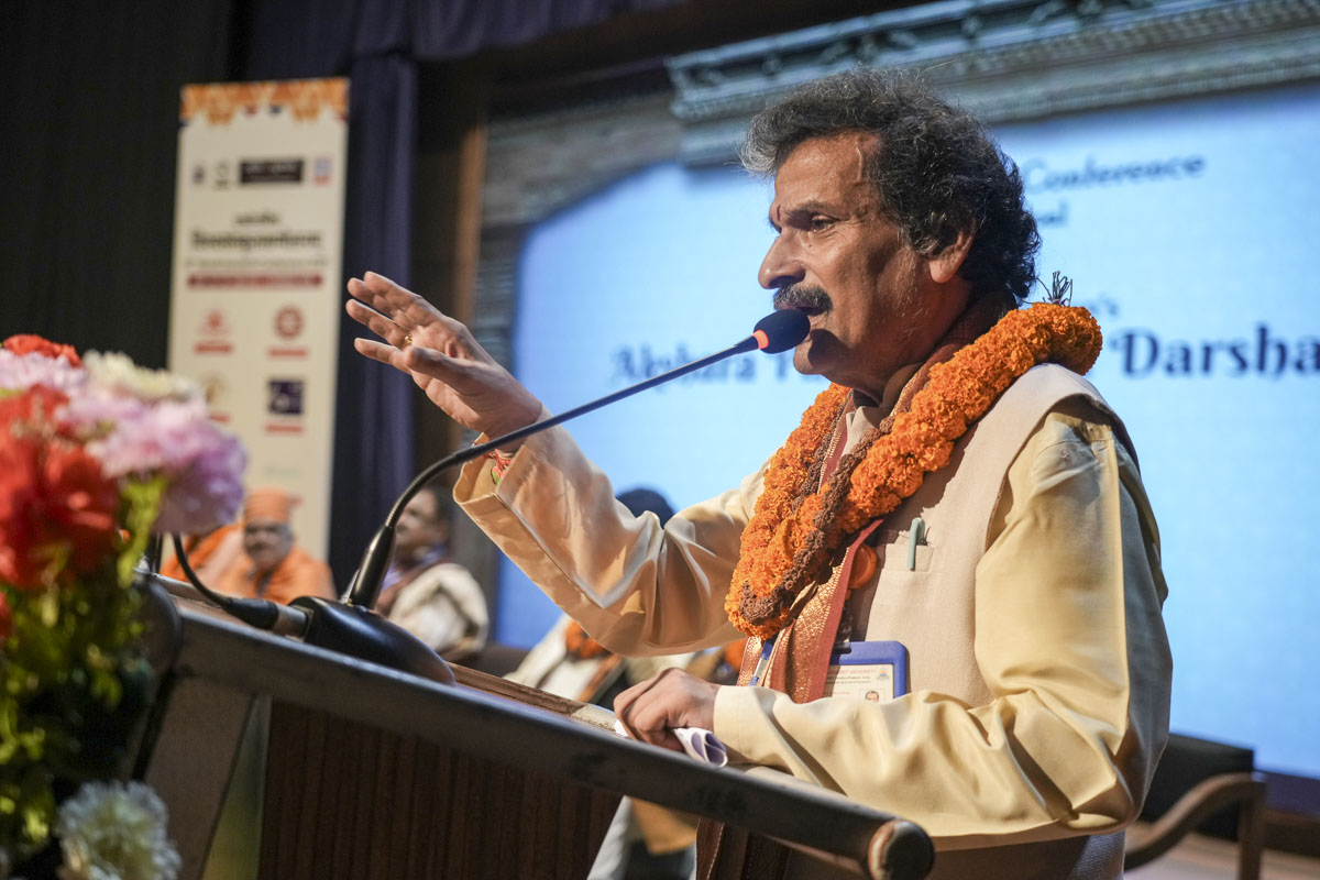 Prof. G. S. R. Krishna Murthy, Vice-Chancellor of National Sanskrit University, Tirupati, addresses the special panel on Akshar Purushottam Darshan