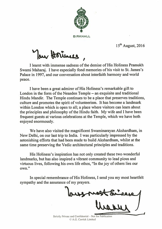 HM The King wrote a letter of condolences upon the passing of HH Pramukh Swami Maharaj in 2016