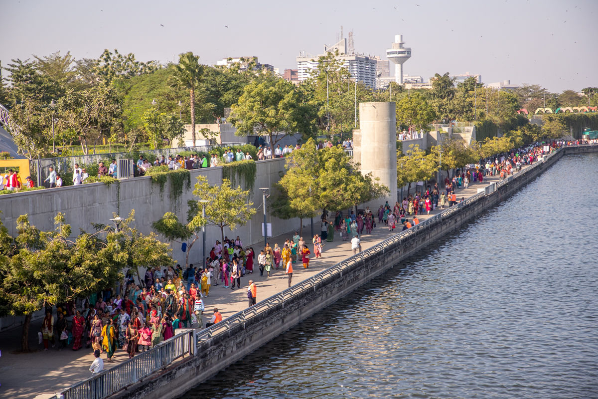 Devotees on their way to the celebration assembly