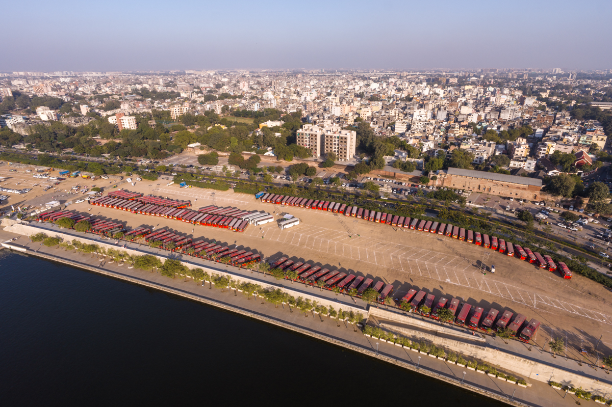 Aerial view of a bus parking area