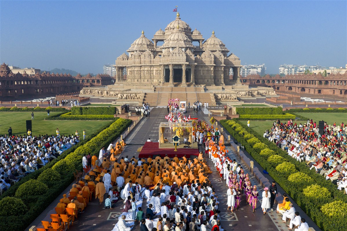 Youths during a procession in the Akshardham grounds