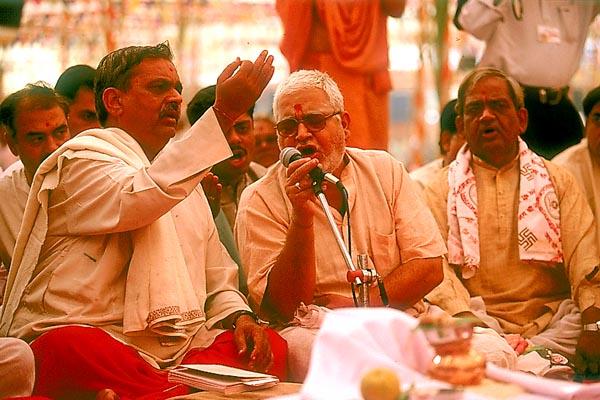 Brahmin pundits chant the vedic mantras during the yagna rituals
