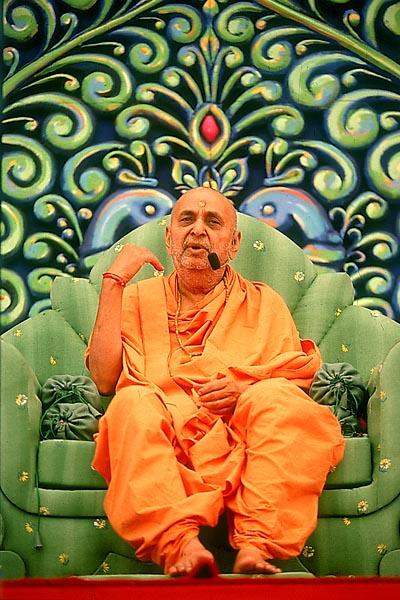Swamishri blesses the assembly emphasizing the need of mandirs for inner peace and character-building