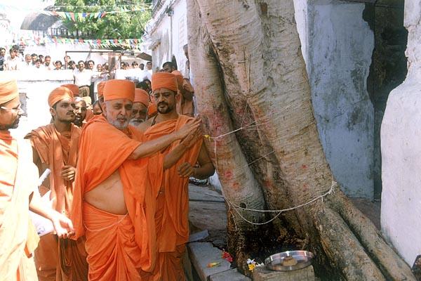 Offering respects to the Moksha Peepal tree by the Bindu Sarovar