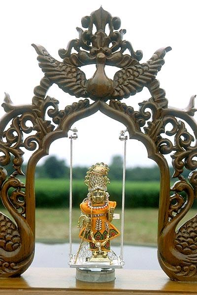 Shri Harikrishna Maharaj swings on an automated ornate swing