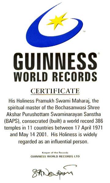 Guinness World Records Honors HDH Pramukh Swami Maharaj for Two World Records -