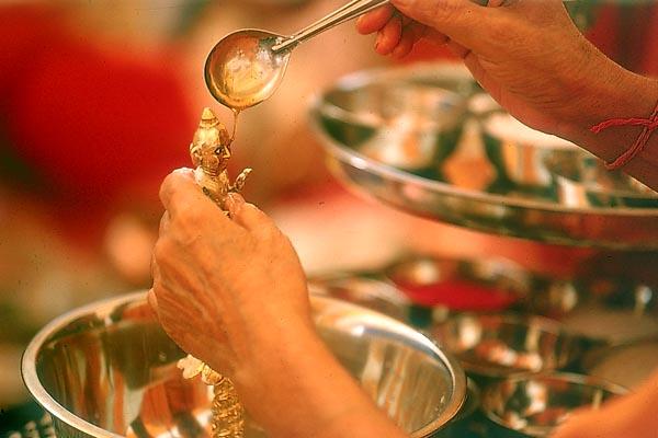 Yagna ,Swamishri bathes Shri Harikrishna Maharaj with honey