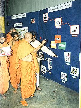 Swamishri viewing the exhibitions prepared by Kishores and Kishoris