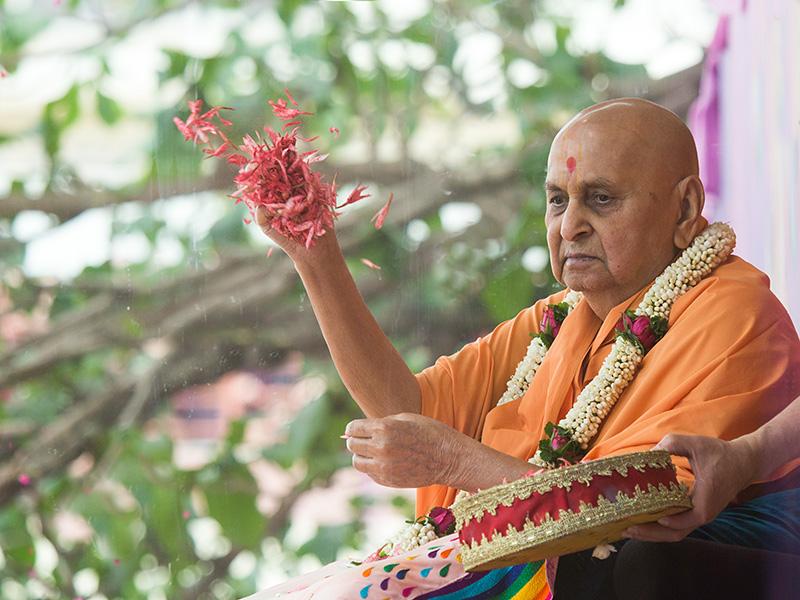  Swamishri blesses all by showering flower petals