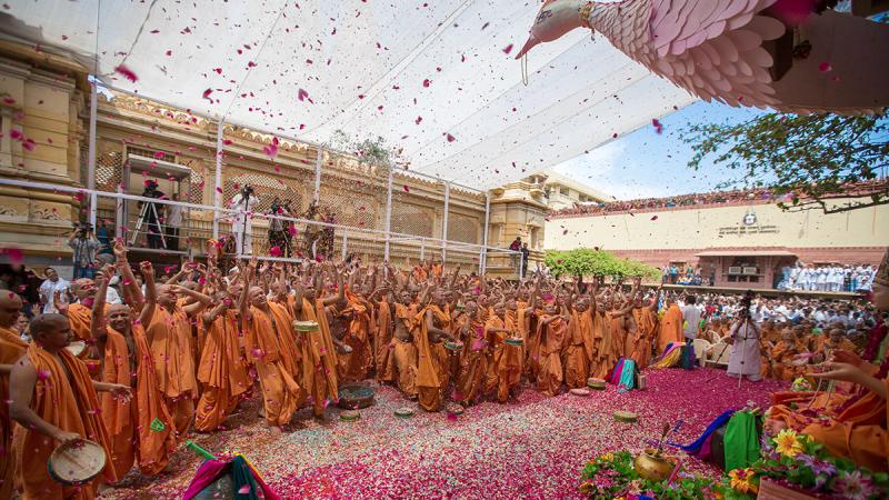  Sadhus enjoy the celebrations with flower petals and rejoice in the presence of Swamishri