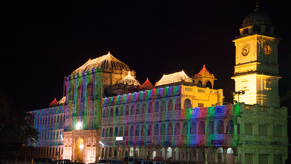 Mandir gate and Yagnapurush tower lit up for the Diwali celebrations 