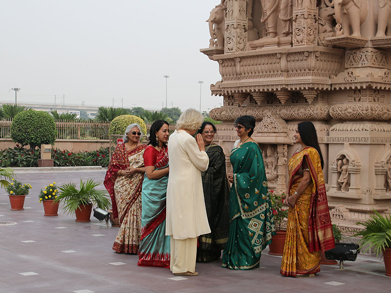 HRH Camilla, The Duchess of Cornwall, being traditionally welcomed at Swaminarayan Akshardham, New Delhi