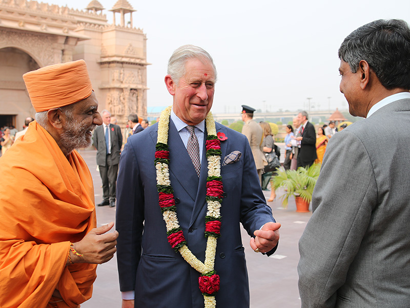 HRH Prince Charles meeting sadhus and volunteers at Swaminarayan Akshardham, New Delhi
