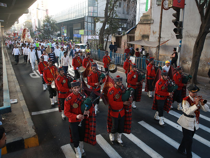 Nagar Yatra - a colorful and joyous musical procession of the murtis through the streets of Kolkata