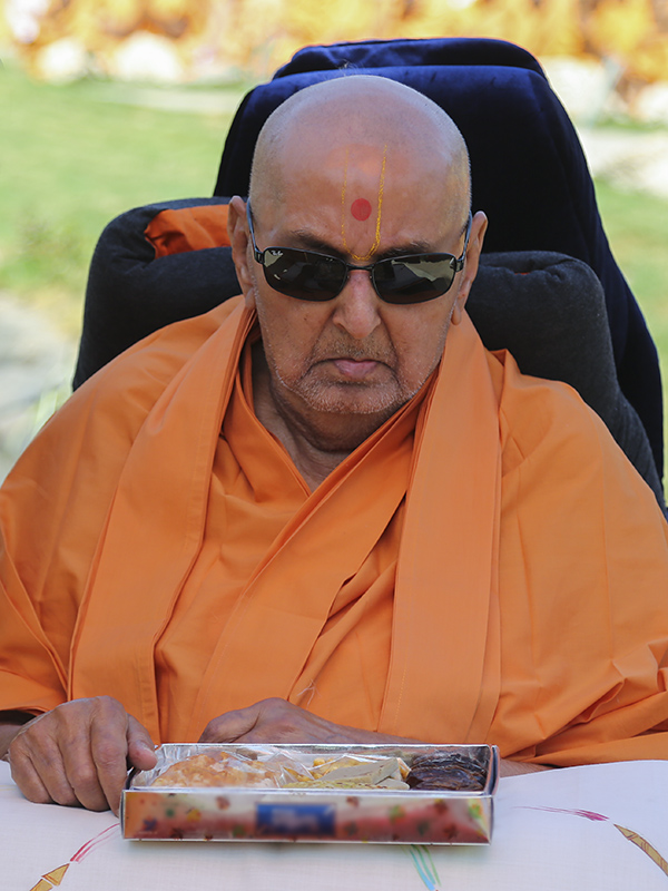Swamishri observes and sanctifies a prasad box