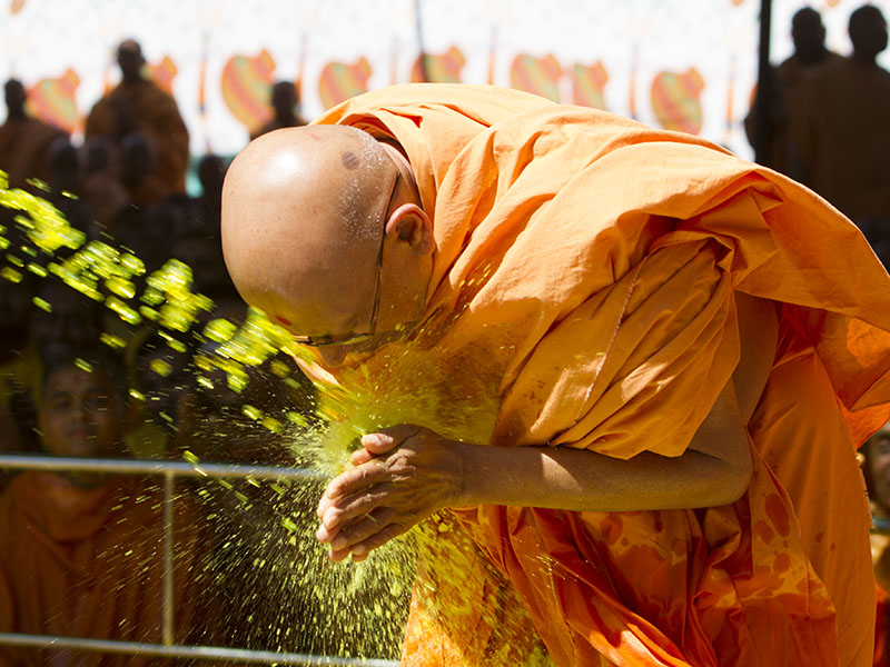 Swamishri sprays colored water on Pujya Tyagvallabh Swami