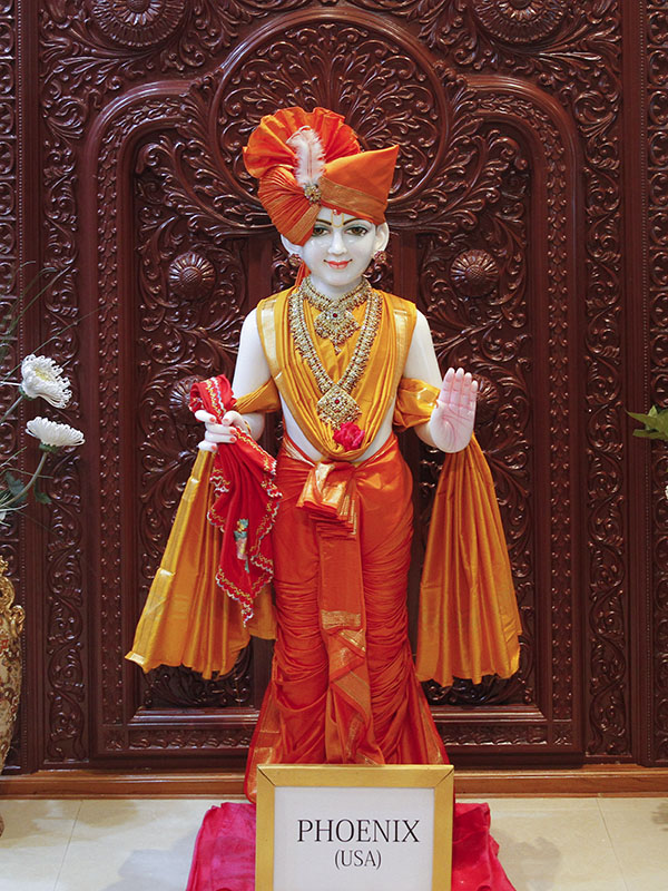 Ghanshyam Maharaj murti consecrated by Swamishri on September 02, 2014 in Sarangpur