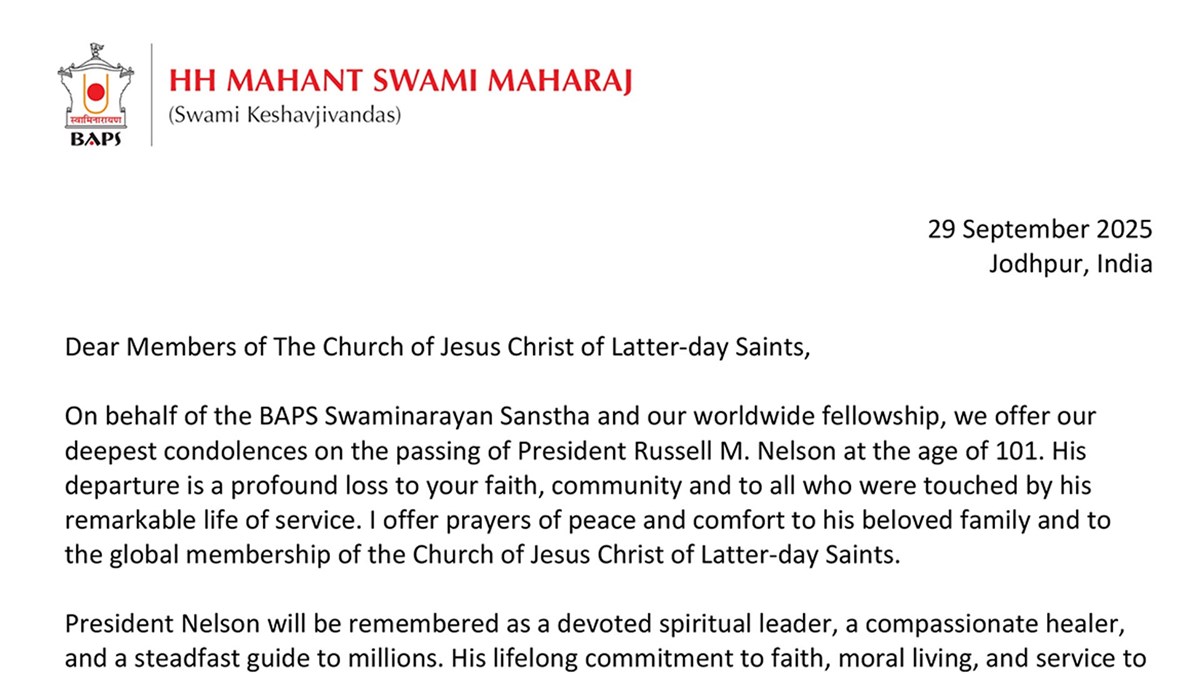 Message of Condolences and Prayers on the Passing of President Russell M Nelson from HH Mahant Swami Maharaj
